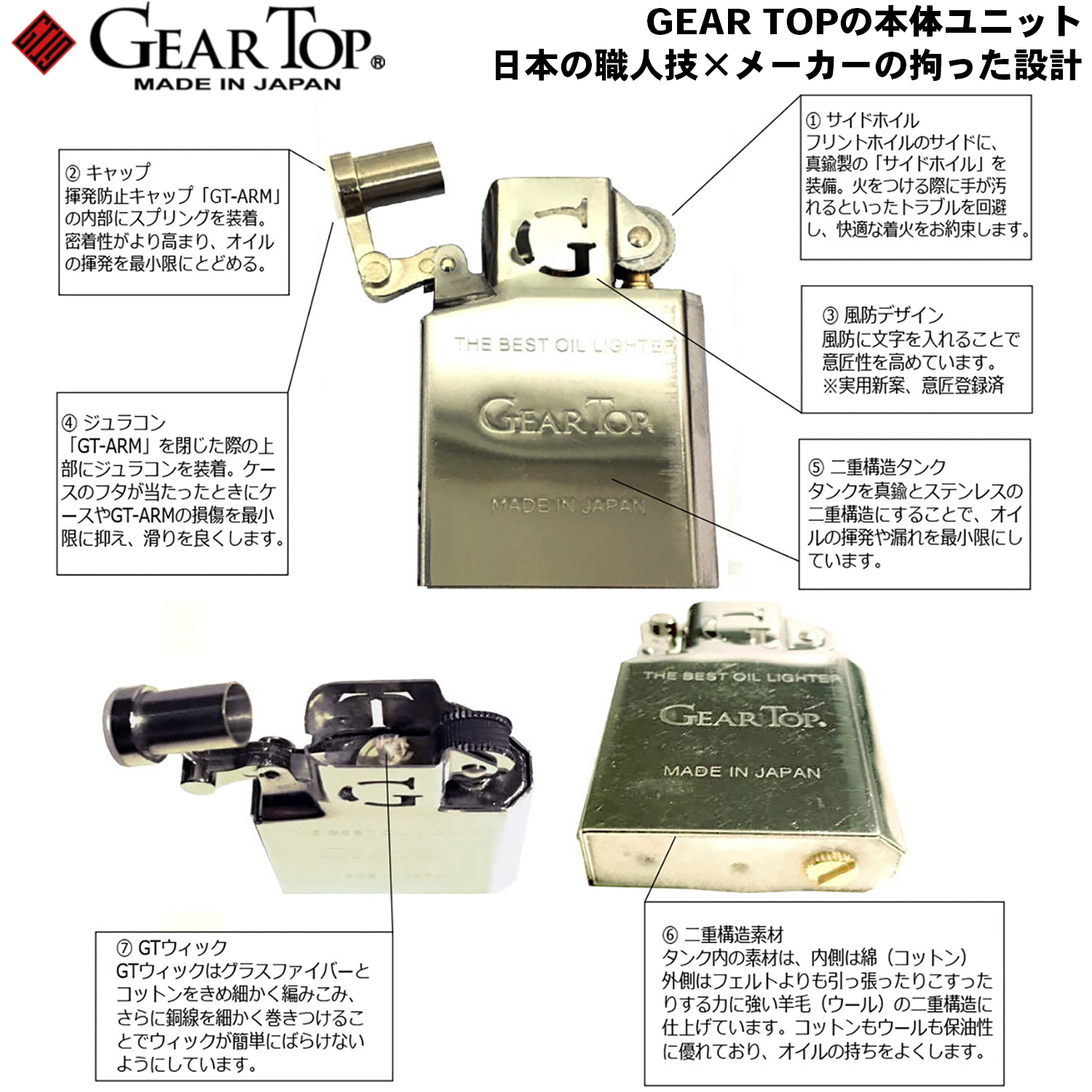 Gear Top 手彫り7面彫刻 ギアトップ 日本製 手彫り 彫刻 オイルライター 高品質 職人 オイル揮発防止 優れた構造 簡易メンテナンス  ペンギンライター 元林