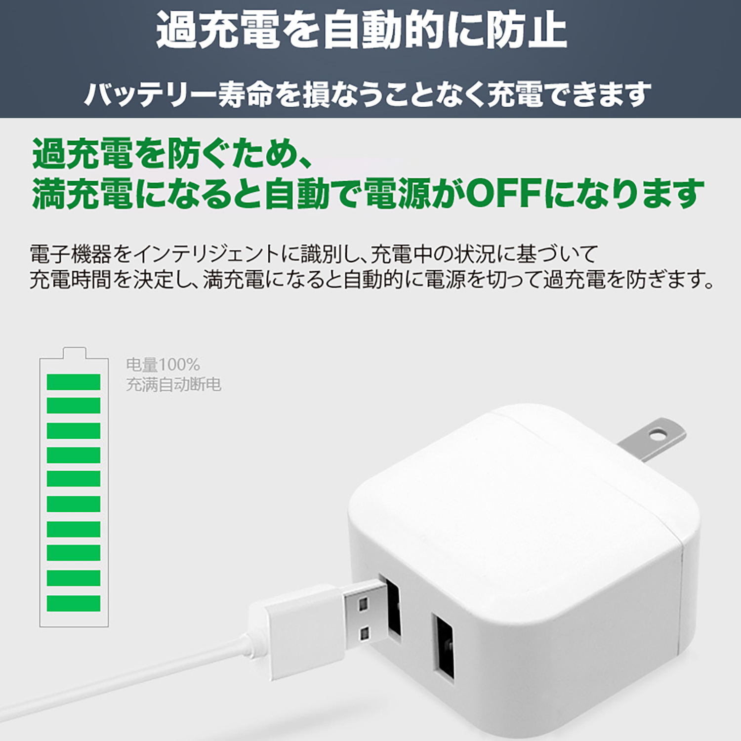 自動識別IC内臓 AC式充電器 折りたたみ式 2ポート 高速USB AC Type-A