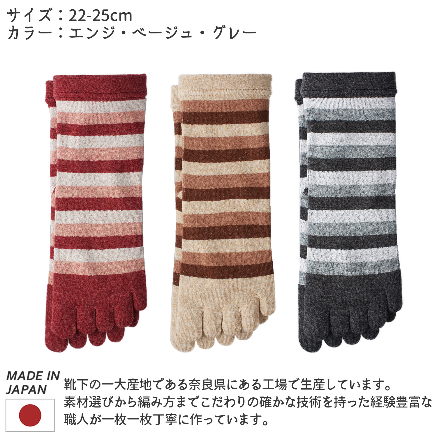 三笠（mikasa） 匠の技 こだわり ウール混 5本指 ボーダー ソックス 3
