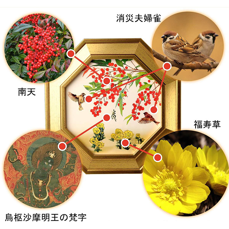 メーカー直送 真 八方厄除『消災南天福寿』‐トイレ 風水 八角額 絵画
