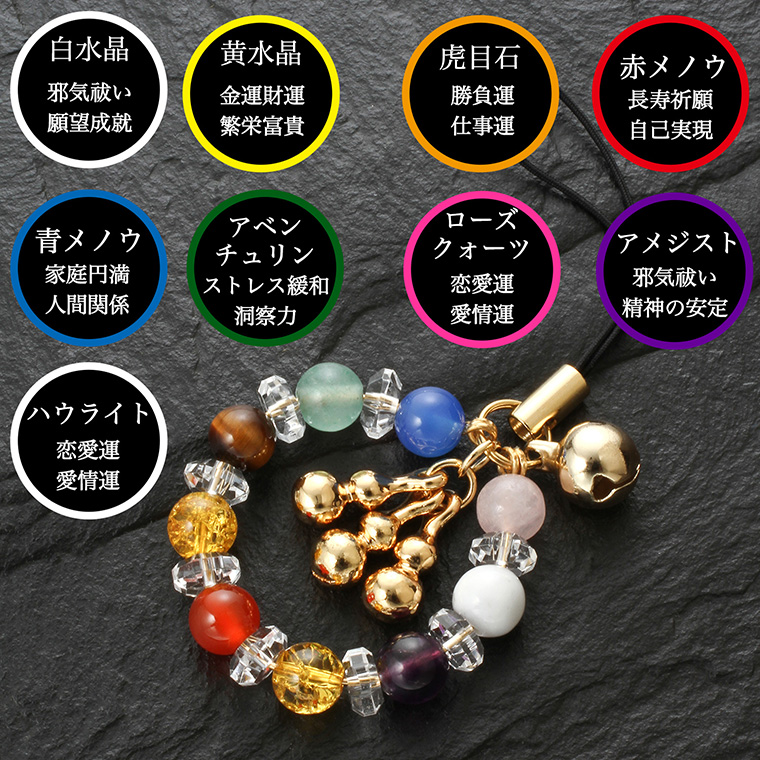 はろうきてぃ えんぎもんシリーズ ストラップ ひょうたん ゴールド カラフル宝石ひょうたんストラップ ST_628‐白水晶 黄水晶 アメジスト