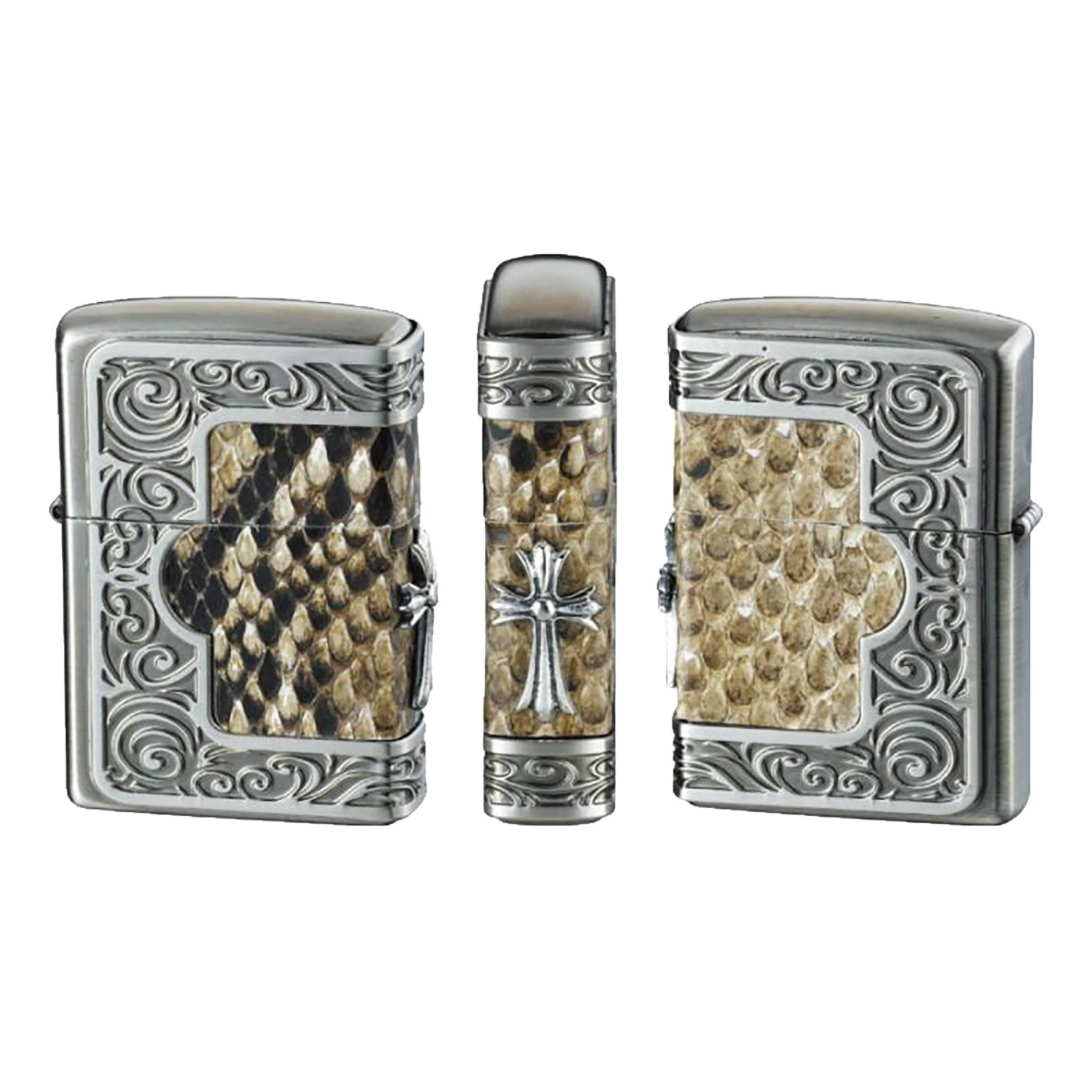 ZIPPO フレームパイソンメタル クロス ‐ 3面連続加工 本錦蛇 ヘビ 蛇 革 革貼り ジッポー ライター 正規品