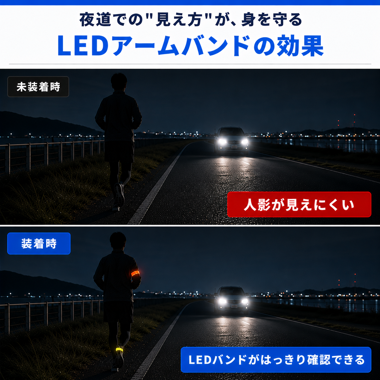 未装着時は人影が見えにくい 装着時はLEDバンドがはっきり確認できる LEDアームバンドの効果