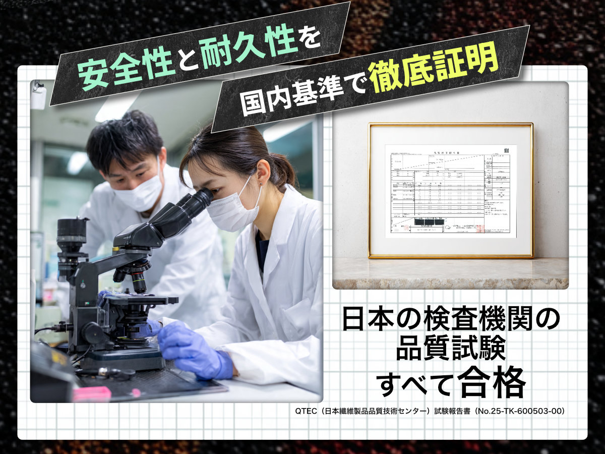 安全性と耐久性を国内基準で徹底証明 QTEC日本繊維製品品質技術センター品質試験すべて合格