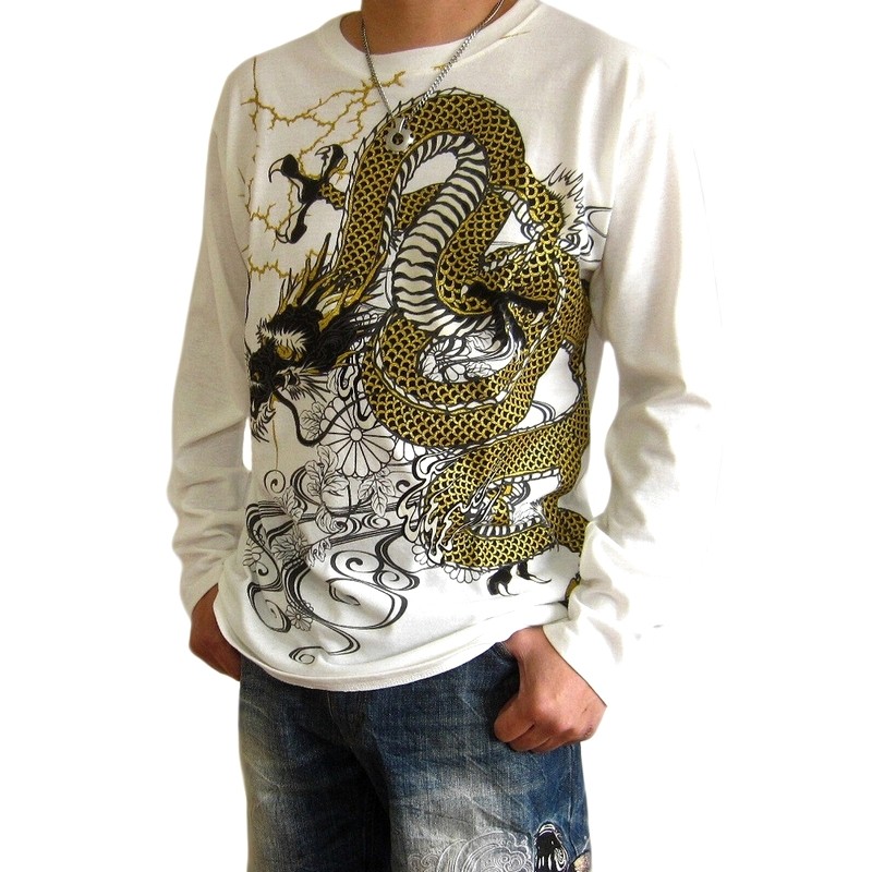 sd001 和柄 長袖 Tシャツ ロンT メンズ オラオラ系 竜 龍 ラメ 龍柄