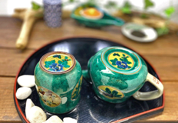 九谷焼 高級 陶磁器 急須2点セット 小 丸紋松竹梅緑塗り 裏絵(Kutani