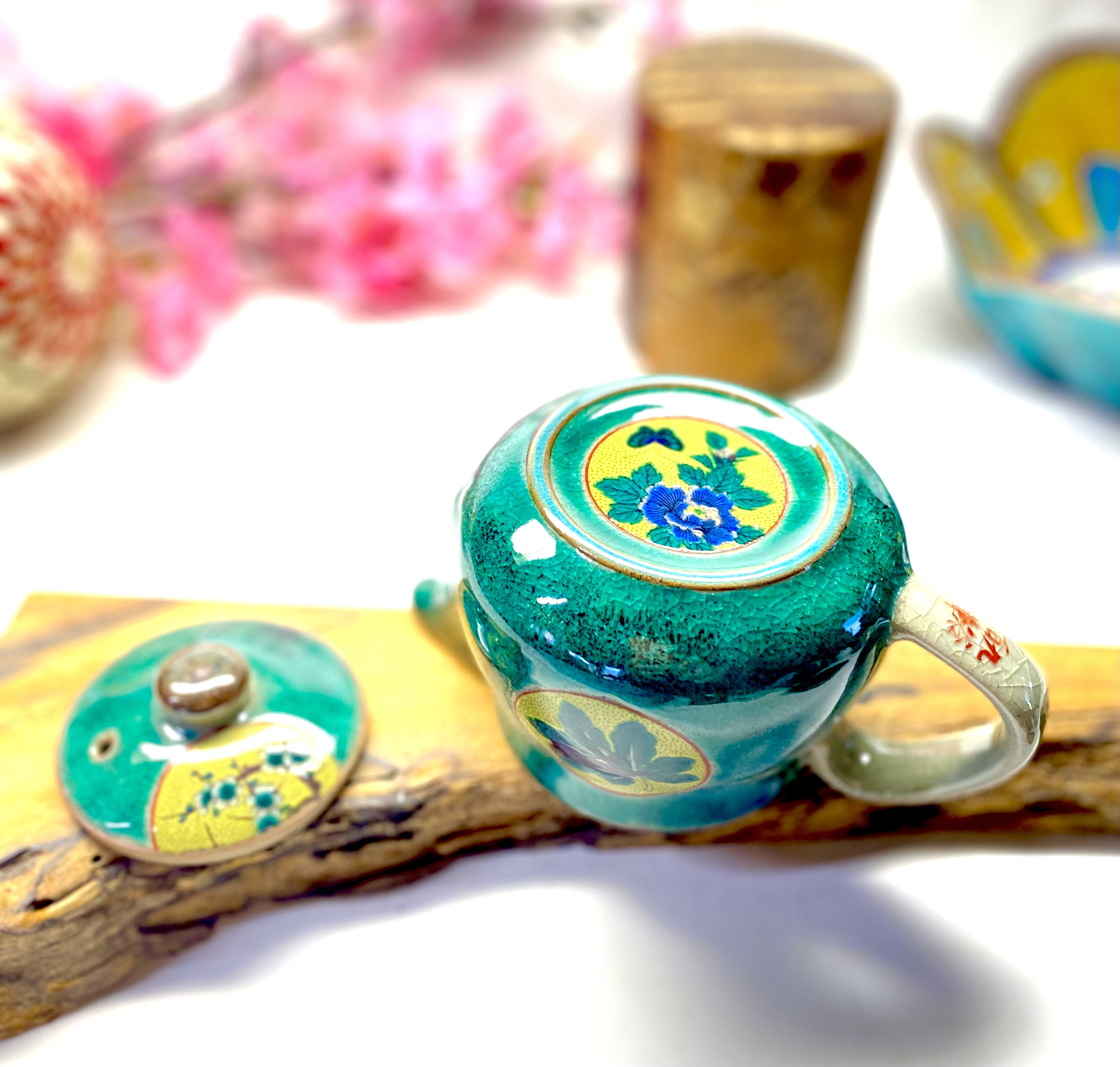 九谷焼急須 九谷焼 急須3点セット 大 グリーン地桜 裏絵-百華園