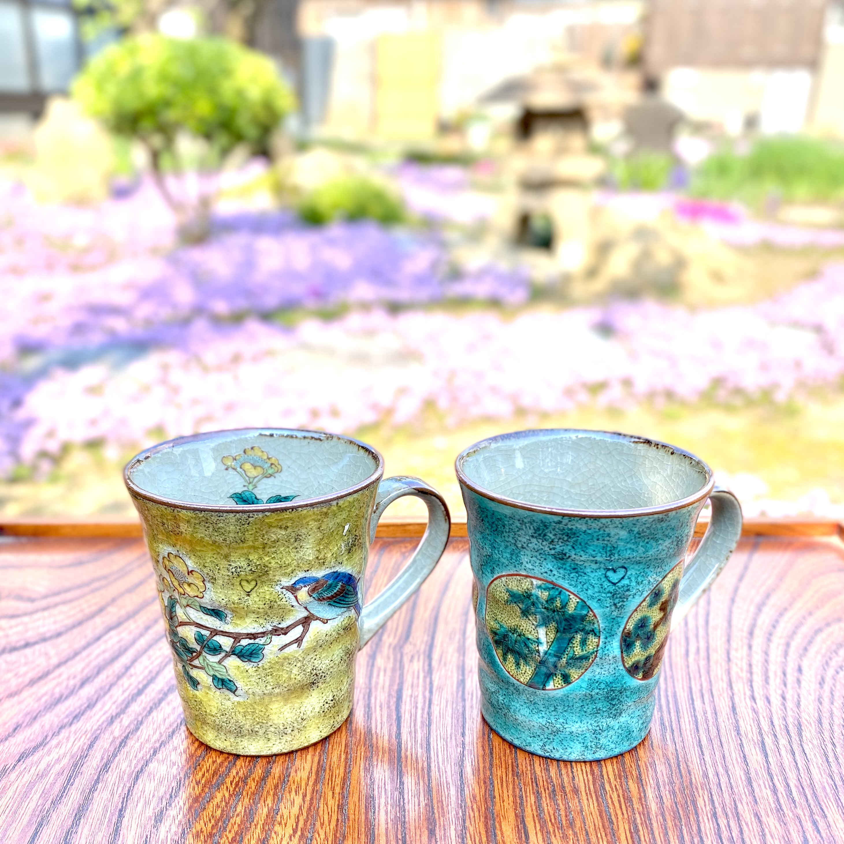 九谷焼 高級 陶磁器 ペアマグカップ がく紫陽花ピンク＋ブルー＆青粒＋