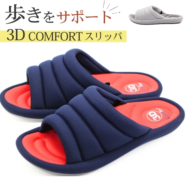 3Dコンフォート レディース 靴 スリッパ ネイビー 紺 青 ホワイト 白