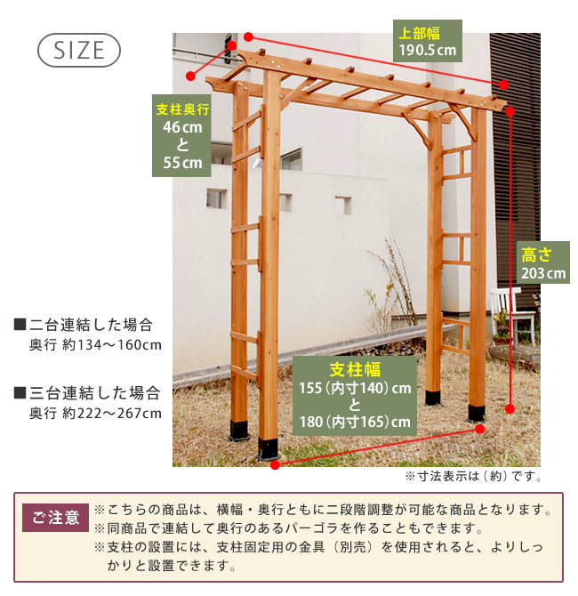 天然木製フレックスパーゴラアーチ190 3台組 アーチ 門 木製 バラ 薔薇