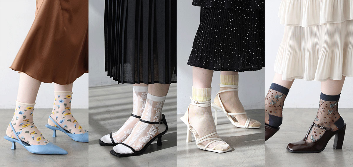 cnorahk フラワー装飾シアーソックス シアーフラワーアソートソックス(S(14-16cm) ライト ブルー