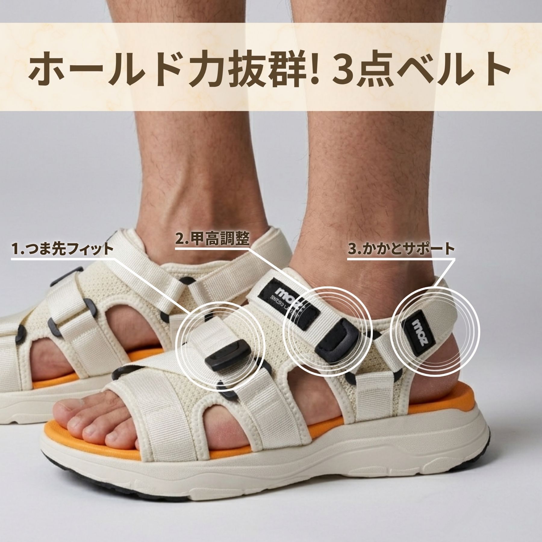 moz メンズサンダル 3点ベルクロ マジックテープ ホールド感 フィット調整 簡単脱着