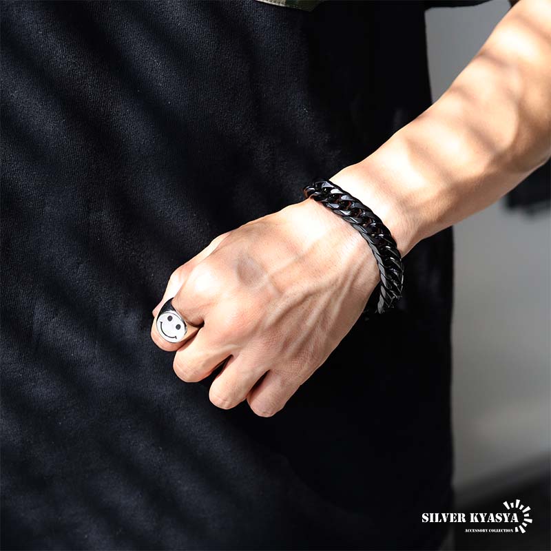 チェーンブレスレット メンズ ブラック 黒 6面カット ダブル喜平