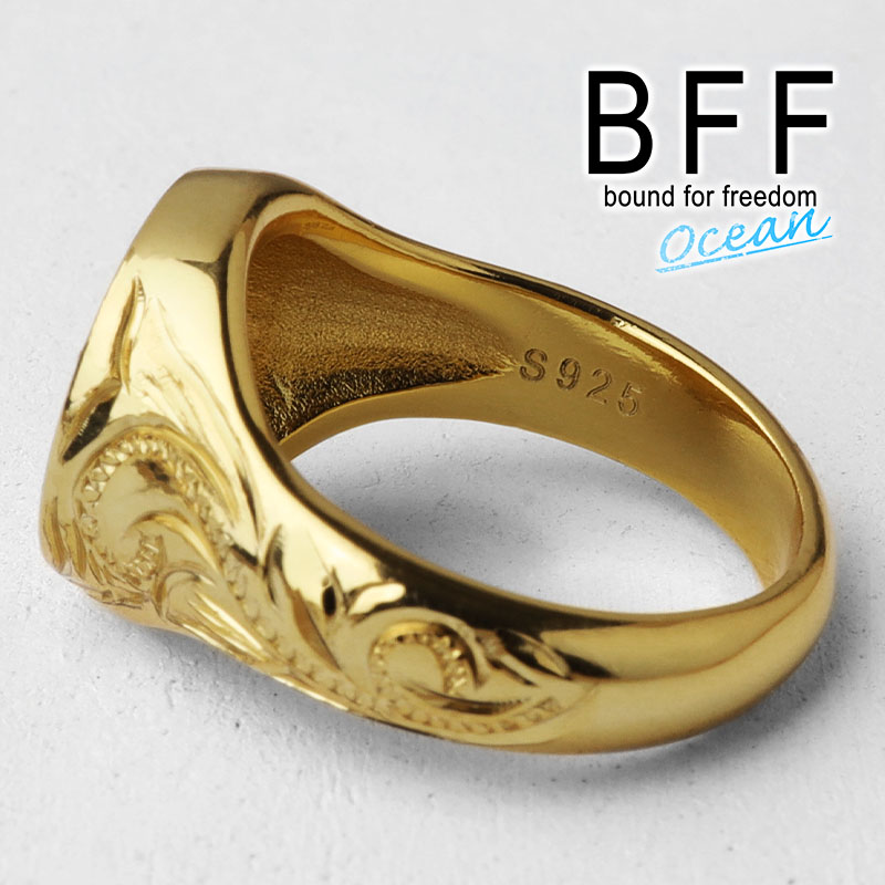 BFF ブランド 印台リング メンズ 丸型 指輪 シルバー925 ゴールド 18K GP gold 金色 ハワイ ハワイアンジュエリー 手彫り 彫金  金属アレルギー対応 専用BOX付属 :bffrs003-g:SILVER KYASYA 通販 