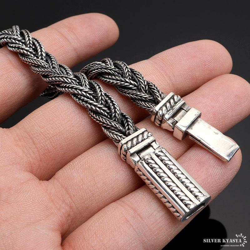 TJ SILVERSMITH 925 シルバー/レザー カフ ブレスレット- シルバー925 編み込みブレスレット メンズ チェーンブレスレット