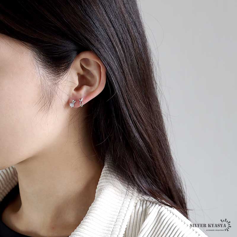 うさぎとにんじんのピアス レディース シルバー925 CZ 2way スタッド