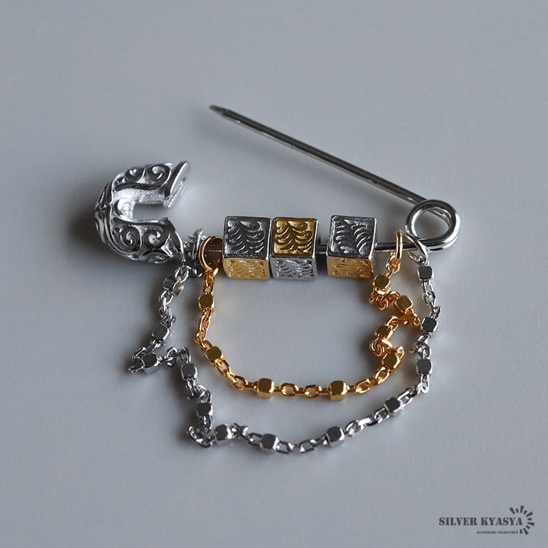 シルバー925 安全ピンピアス 唐草ピアス ゴールド 18KGP