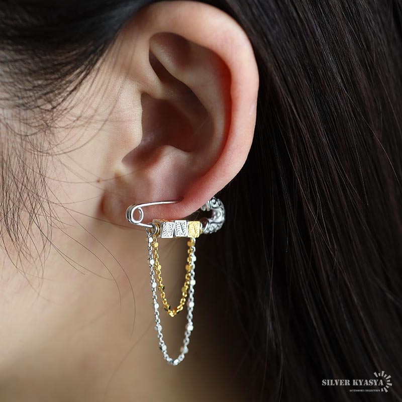 シルバー925 安全ピンピアス 唐草ピアス ゴールド 18KGP