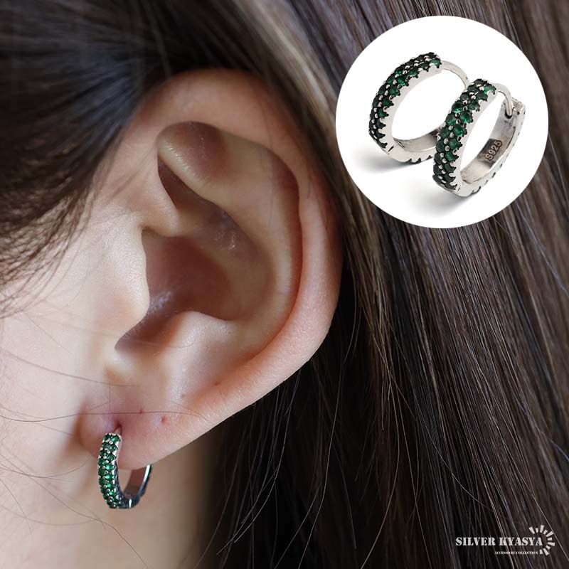 シルバー925 グリーン フープピアス キラキラ ジルコニアピアス