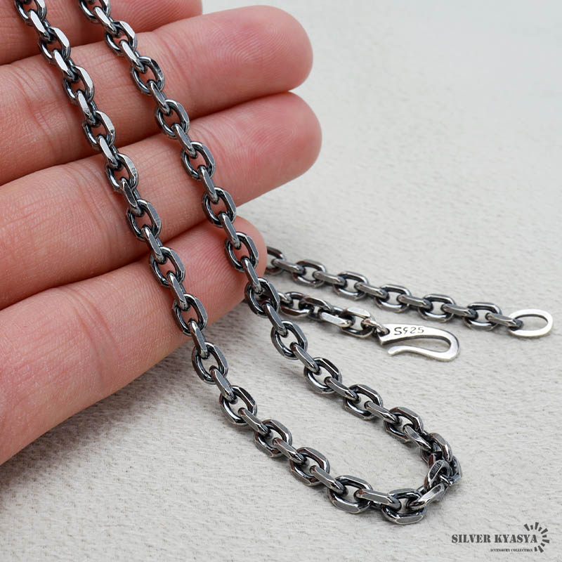 シルバー925 燻し仕上げ あずきチェーン ネックレス 幅5mm 45cm