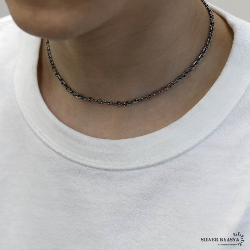シルバー925 燻し仕上げ あずきチェーン ネックレス 幅4mm 40cm