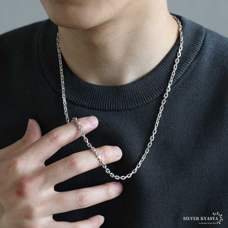 シルバー925 あずきチェーン 幅4mm 4面カット ホワイト ネックレス
