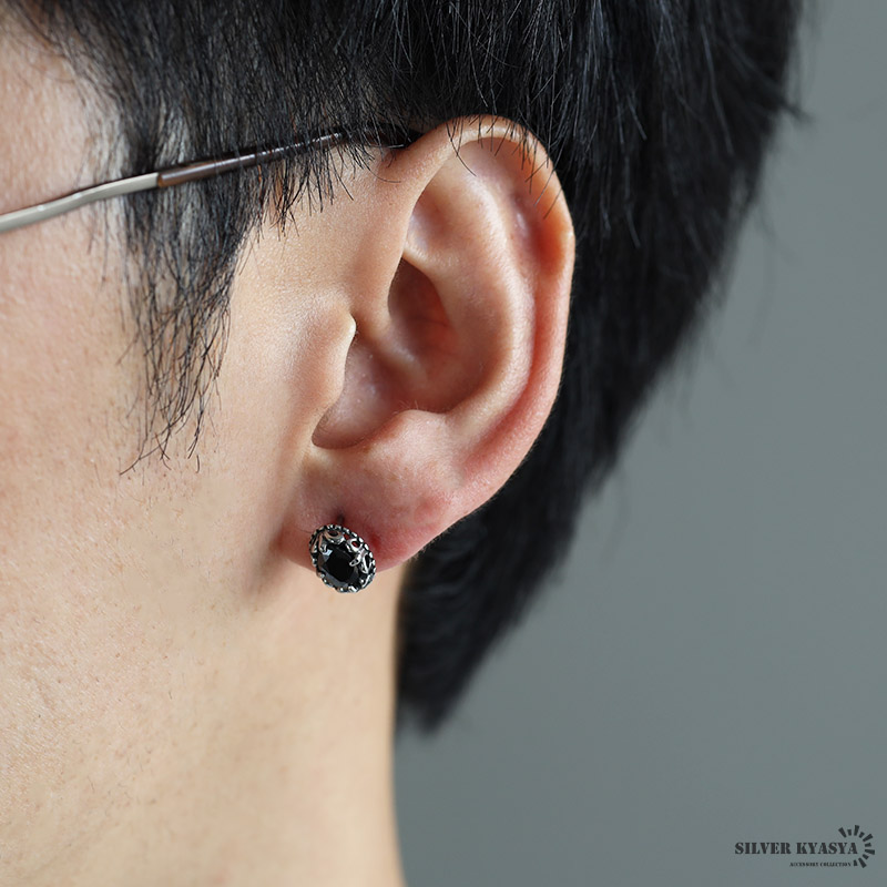 ステンレス素材 オニキスピアス シルバー 一粒ピアス オニキス