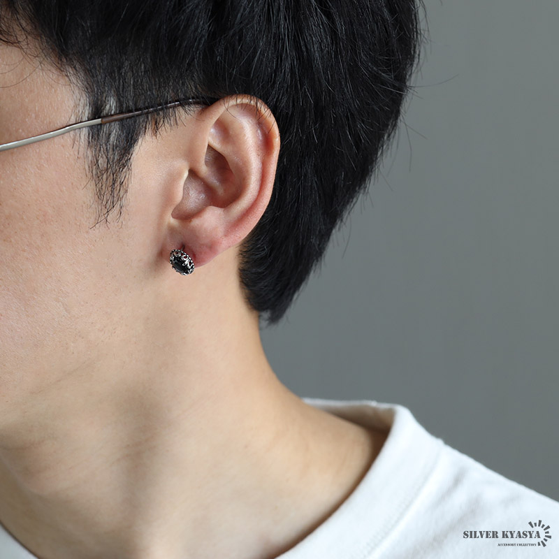 ステンレス素材 オニキスピアス シルバー 一粒ピアス オニキス