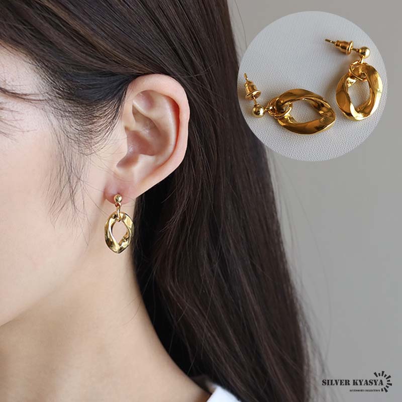 ステンレス オーバルピアス ドロップピアス 喜平チェーン