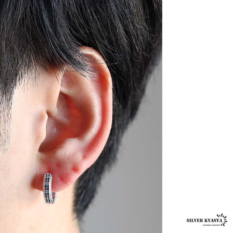 嶋*郎様 シルバー ストーン付き フープピアス 両耳用 フープピアス ストーンピアス マルチカラー カラフル シルバー