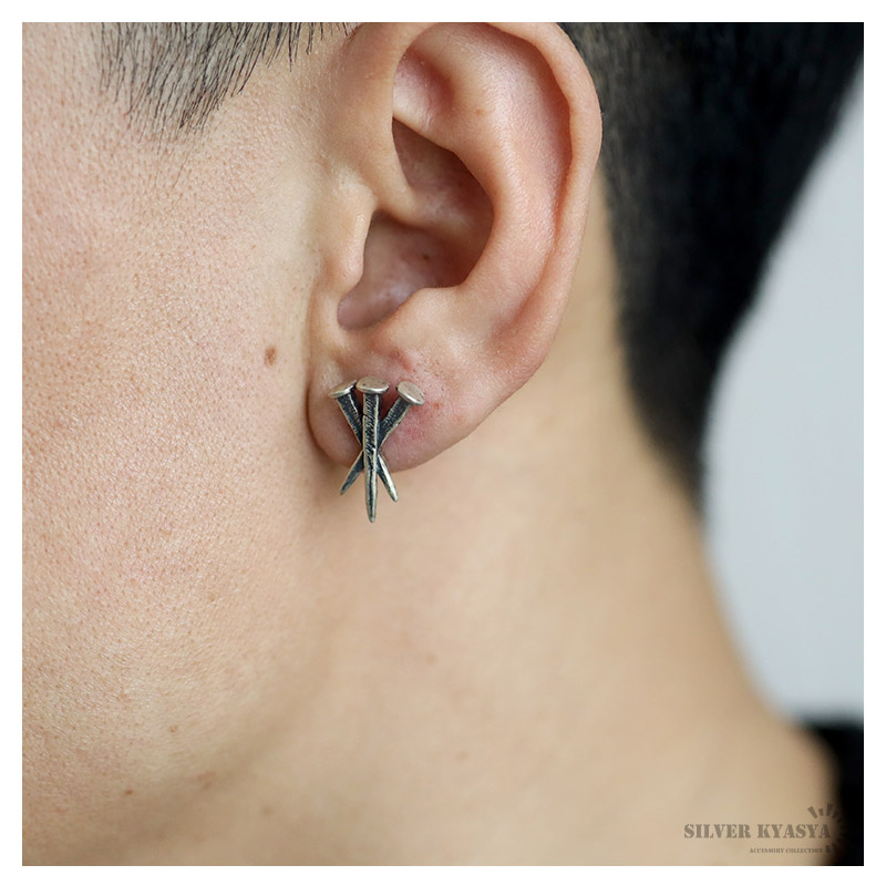 シルバー925 スタッドピアス メンズ シルバー 3連釘ピアス 釘
