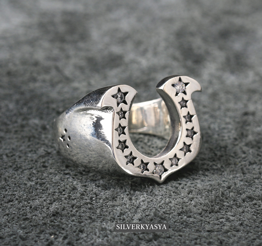 シルバー925 ホースシューリング ストーン CZ 馬の蹄鉄 リング 指輪