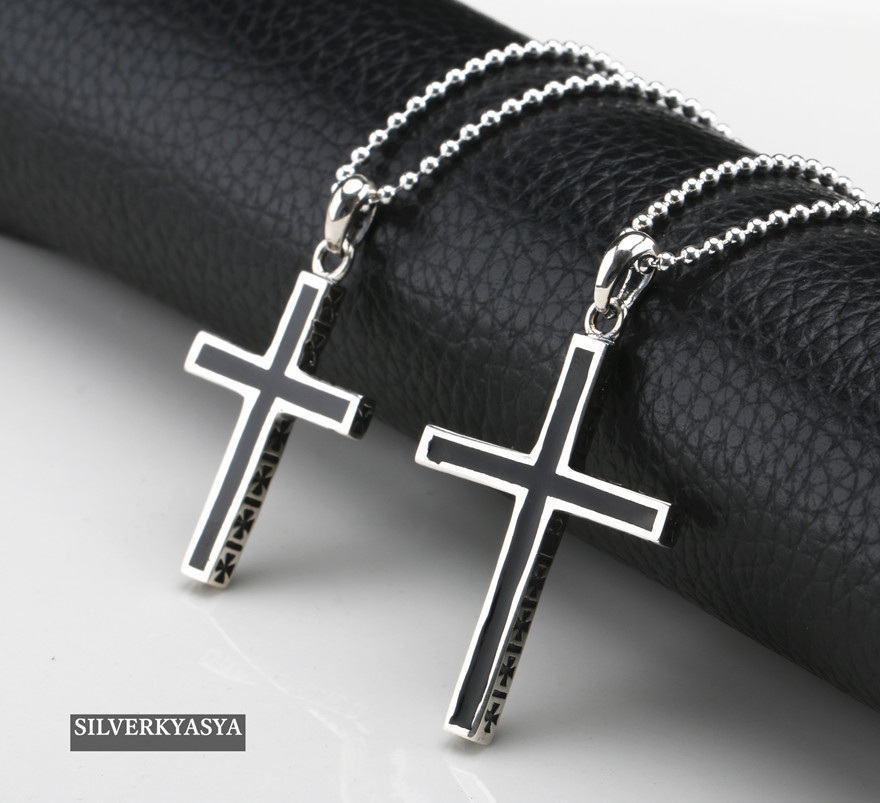 シルバー925 クロスネックレス シンプル 黒 十字架 ブラック クロス