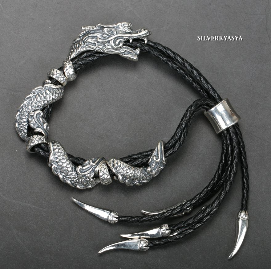 シルバー925 龍 ブレスレット ドラゴン 昇竜 レザーブレスレット