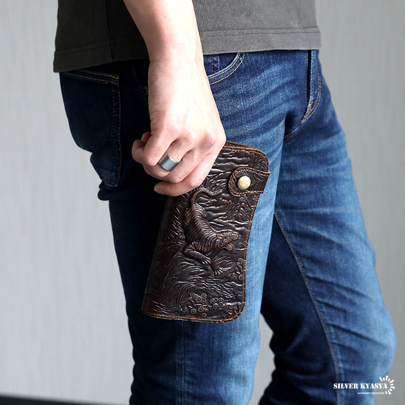 レザーウォレット メンズ 虎 タイガー 浮彫り 長財布 本革 馬革 コード