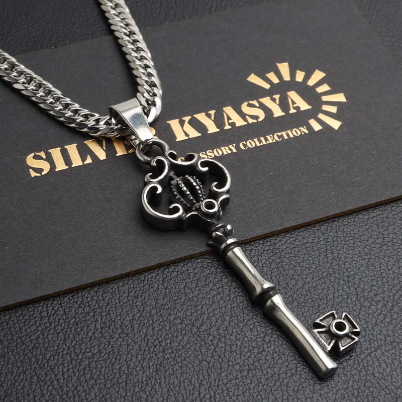 ステンレス クラウンキーネックレス 鍵 王冠 メンズネックレス