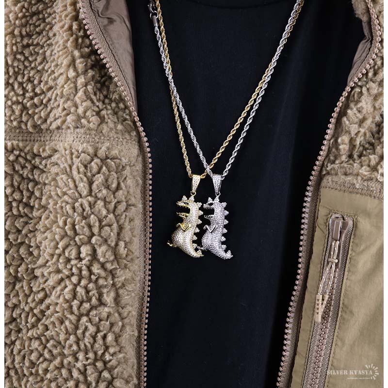 恐竜ネックレス ダイナソー パヴェ AAA 14k wg GP トップ ロープ