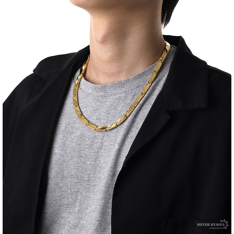 磁気ネックレス ステンレス ビーズ ウェーブ 波 18k ip gold