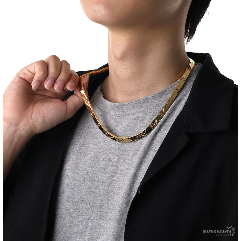 磁気ネックレス ステンレス ビーズ ウェーブ 波 18k ip gold