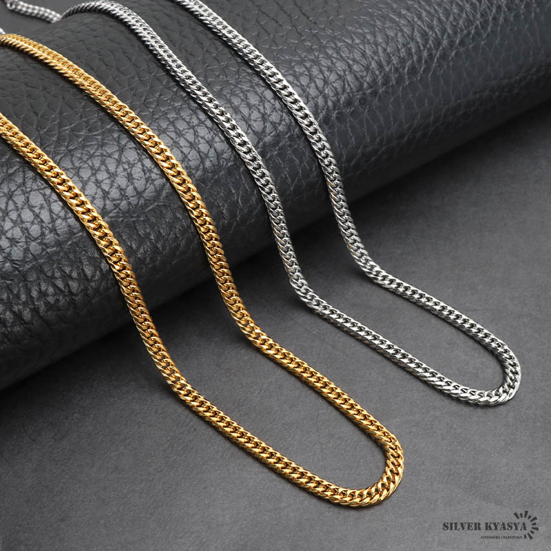 幅3mm ステンレス ダブル喜平チェーンネックレス 6面カット 18k GP IP