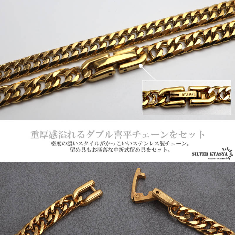 ステンレス製 メダルネックレス ゴールド グリーン ダブル喜平チェーン