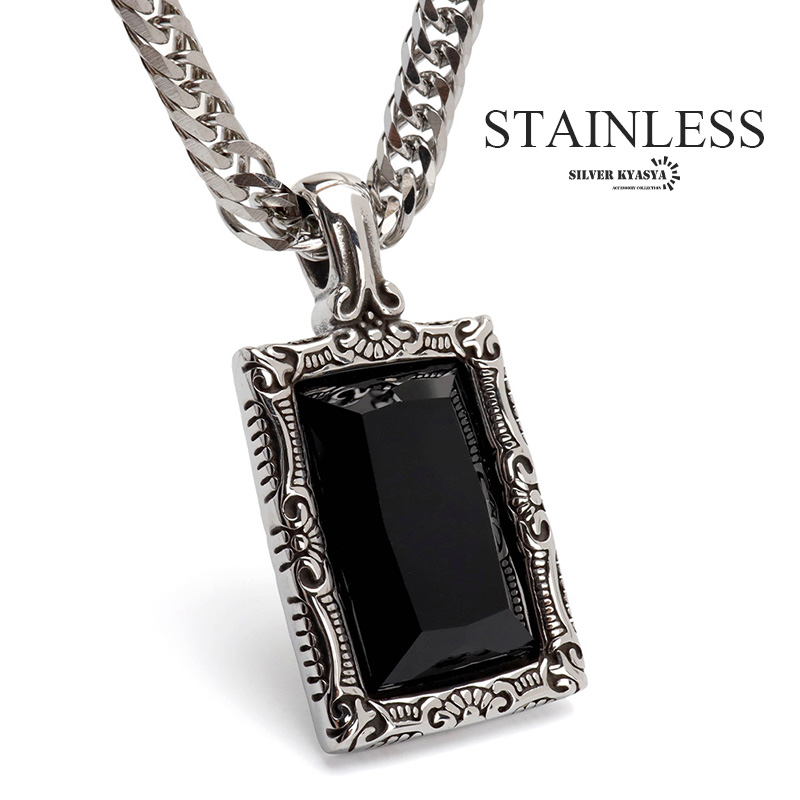 ストーン付きネックレス ブラックストーンネックレス ステンレス 一粒ネックレス ペンダント