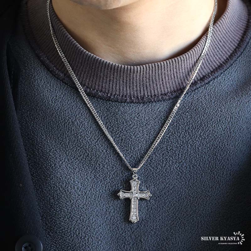 ステンレス クロスネックレス ストーンネックレス シルバー ダブル喜平