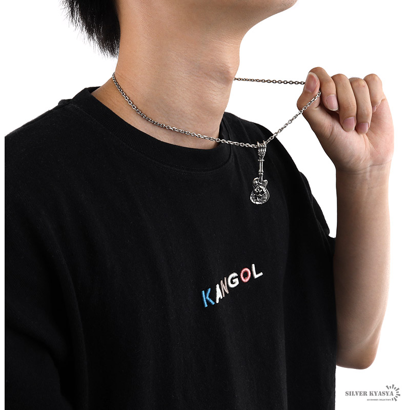 シルバー925 ギター 楽器 スカル ドクロ 骨 小豆チェーンネックレス シルバー925 ギター 楽器 スカル ドクロ 骨 小豆チェーンネックレス