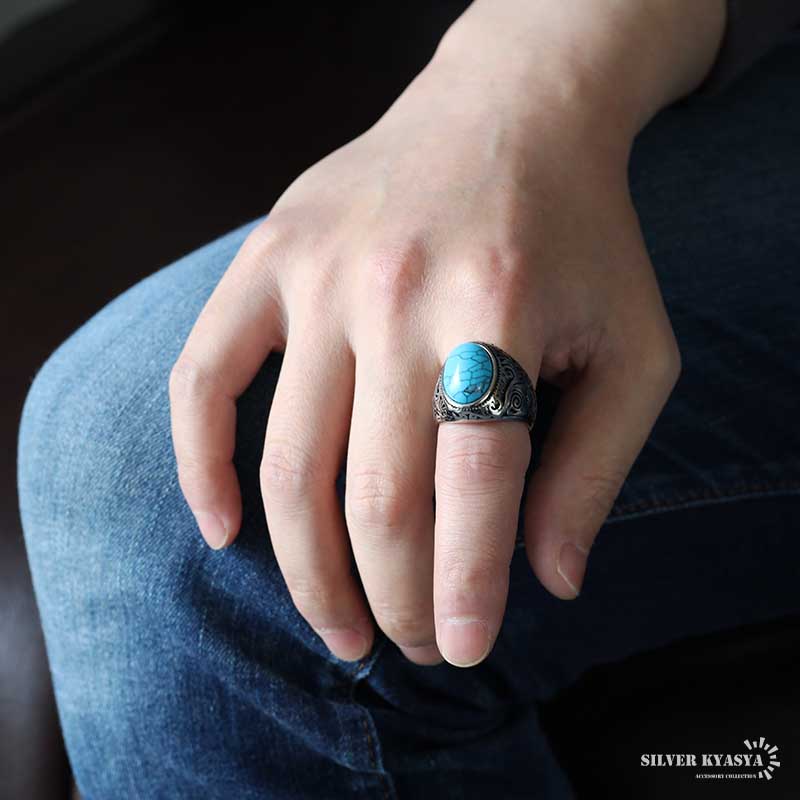 ステンレス ターコイズリング カレッジリング 唐草模様 トルコ石 重厚