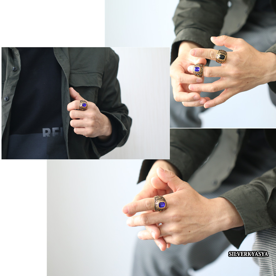 ステンレス ゴールド カレッジリング 指輪 大粒 ストーン