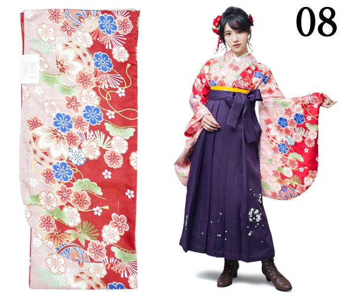 二尺袖着物 単品 (08) 花柄 赤 ピンク 卒業式や謝恩会など、袴に合わせ