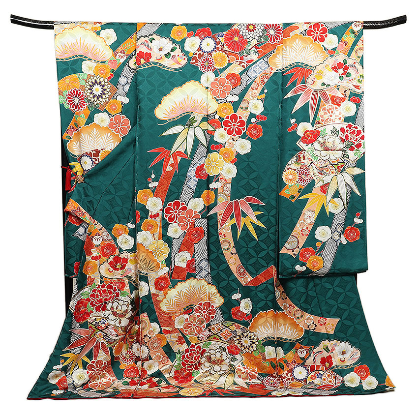 お誂え仕立付振袖 成人式振袖購入 b156-1 ブルーグリーン・深海色/古典