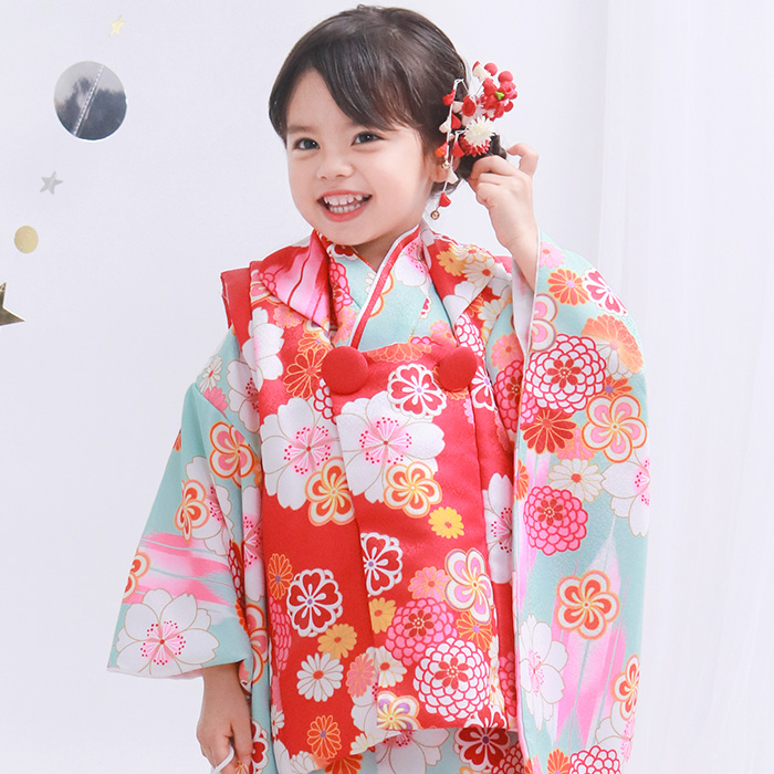 七五三　3歳　着物9点フルセット　鹿の子　総柄　和柄　着付け簡単　赤　被布 七五三 3歳 着物9点フルセット 鹿の子 総柄 和柄 着付け簡単 赤