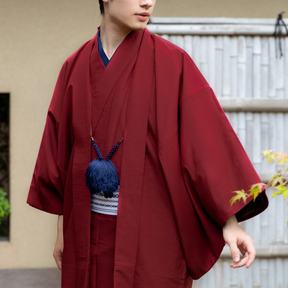 【豊富な100%新品】紳士「レッド」色無地アンサンブル　袷せ仕立　お仕立て上り　日本の踊り156晶1172　LL寸　175~180cm 一般